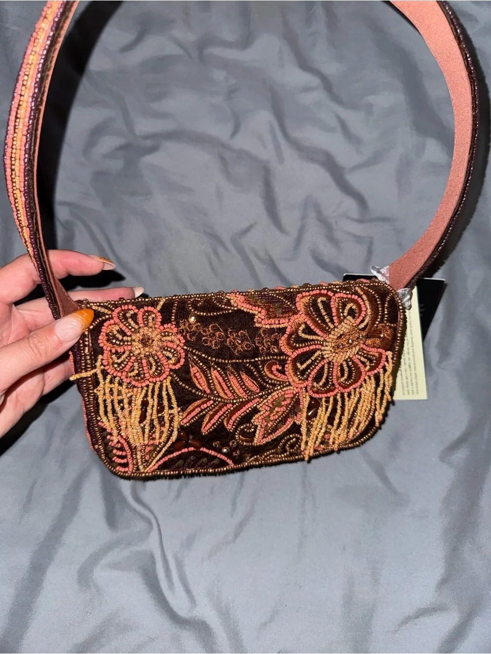 Maroon Beaded and Velvet Floral Shoulder Bag Handmade in India New with Tags